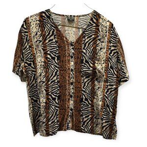 Vintage Blouse L Womens Button Down Zebra Animal Print Short Sleeve Pocket